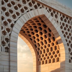 Ornate Islamic Arch with Intricate Hexagonal Stone Lattice Work.