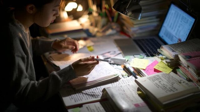 深夜に勉強している女性
