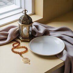 "Ramadan Kareem Still Life: Traditional Lantern, Prayer Beads (Tasbih), and Dates on a Table &ndash; Islamic Holy Month Celebration Concept Background"
