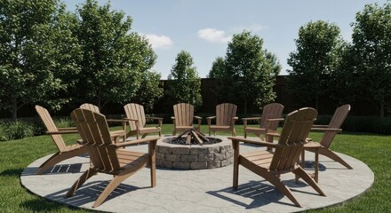 Outdoor fire pit with Adirondack chairs.  Tranquil backyard scene