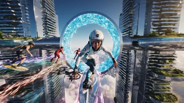Futuristic surfers ride hoverboards between towering skyscrapers and spherical structures in a sky city, with drones assisting their aerial maneuvers.