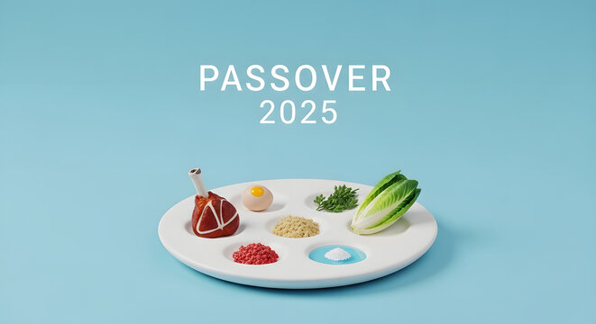 Passover Seder plate with symbolic foods traditional Jewish holiday celebration concept for religious observance and family gathering isolated on blue background