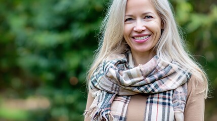 Fototapeta premium Smiling blonde woman wearing plaid scarf outdoors with green backdrop