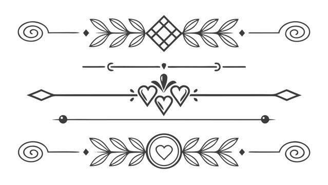 Five decorative horizontal line dividers featuring leafy branches and heart motifs with scrollwork end pieces on a plain white background.