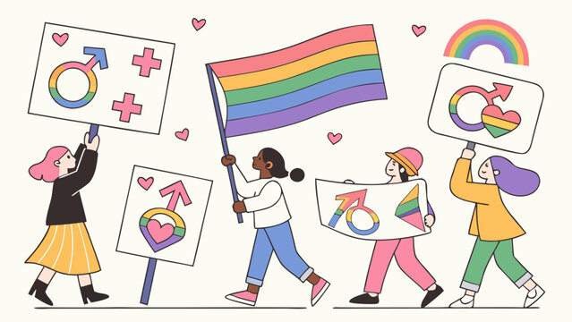 Diverse group of people celebrating lgbtq pride parade with rainbow flags and gender symbols