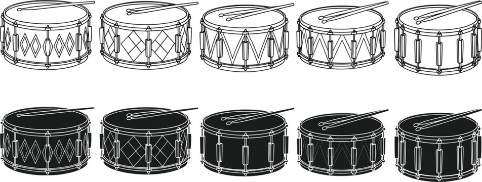 Snare drum collection featuring outline and silhouette vector icons with drumsticks for music education marching band and percussion instrument design isolated on white background (25 words)