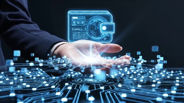 Digital wallet in hand representing cryptocurrency and blockchain technology. A modern, futuristic visualization