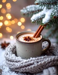 Eine warme Weihnachtsszene mit dampfender hei&szlig;er Schokolade und Zimt , ein goldneses Bokeh.