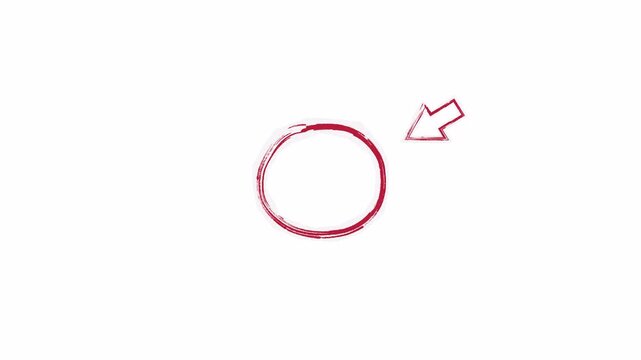 Red Marker Arrow Pointing with alpha channel. Hand-drawn red and red circle highlight with transparent background. 4k video