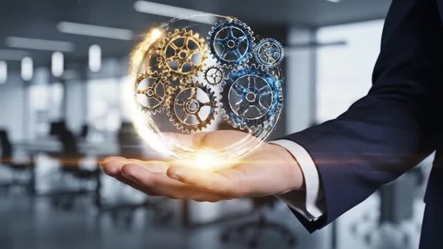 An abstract conceptualization of technology with a person holding a glowing gear mechanism, symbolizing innovation and technological advancement