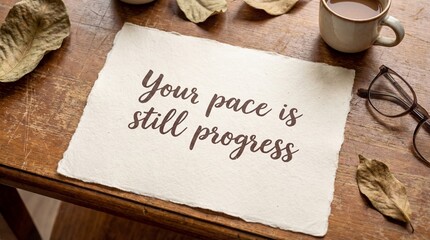 Inspirational quote on paper with coffee and glasses on wooden desk