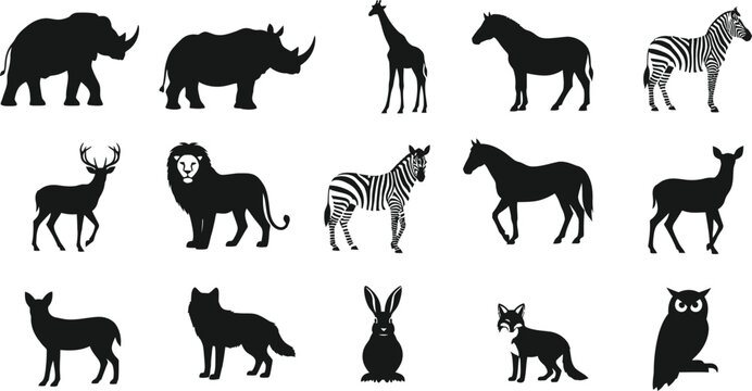 Collection of black silhouettes of various wild animals