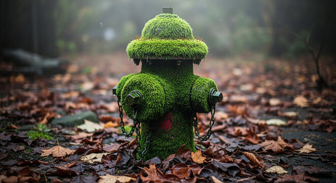 Moss covered fire hydrant standing on a path surrounded by fallen autumn leaves in a misty forest