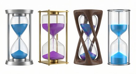 Fototapeta premium Modern and Vintage Hourglass Set with Colored Sand and Gold Silver Wooden Frames 3D Render