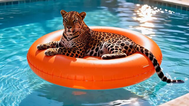 Leopard resting on inflatable ring in pool