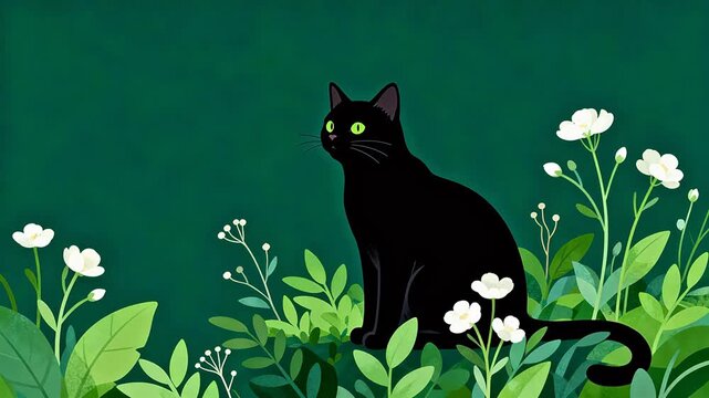 Black cat in green foliage