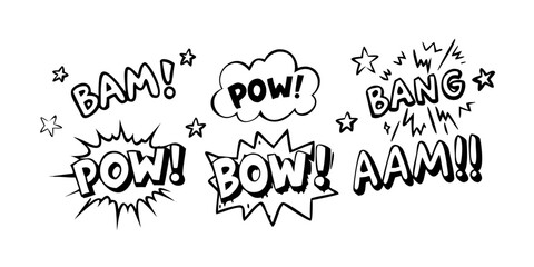 A dynamic display of various comic book sound effect words in bold, black lettering. Vector © Jannati