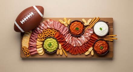 Appetizer board with various meat slices, dips, crackers, and football. Game day food display for gathering, party food.