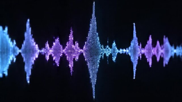 Digital waveform graphic with blue and purple sound wave peaks on a black background.