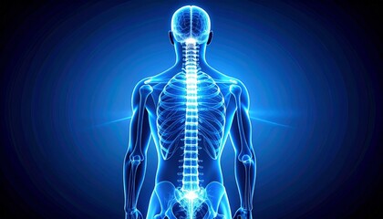 Stylized digital rendering of human spinal column, glowing white-blue neural pathways with electrical impulses, emphasizing nervous system signal transmission in medical and anatomical visualization.
