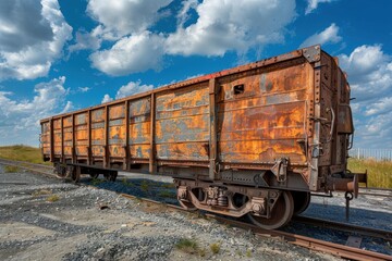Obraz premium Freight car showing heavy rust and peeling paint under a blue sky with clouds