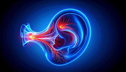 Digital anatomical rendering of human ear, semi-transparent glowing blue outline with red-highlighted inner structures emphasizing cochlea, auditory nerves, and hearing functions for medical visualiza