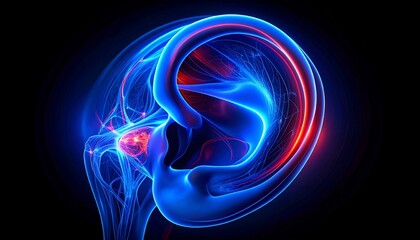 Digital anatomical rendering of human ear, semi-transparent glowing blue outline with red-highlighted inner structures emphasizing cochlea, auditory nerves, and hearing functions for medical visualiza