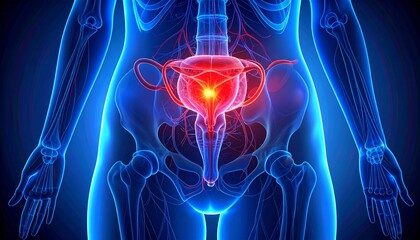 Digital anatomical illustration of female reproductive system, glowing red uterus, fallopian tubes, and ovaries with blue vascular network emphasizing gynecological anatomy and medical visualization.