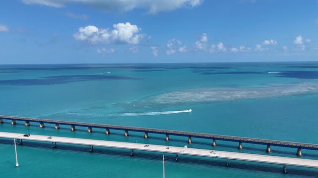 Aerial shot of the newer Seven Mile Bridge running parallel to the original, historic Overseas highway at Marathon in the Florida Keys, Monroe County, Florida, United States