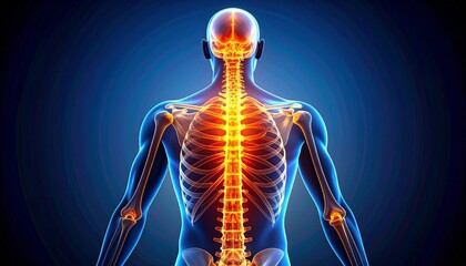 Digital anatomical rendering of human skeleton from back view, translucent rib cage and shoulders, with spine highlighted in bright orange-yellow tones emphasizing vertebral structure and alignment.