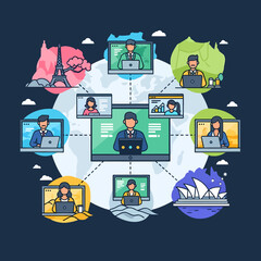 Global Virtual Meetings and Remote Collaboration Professionals connect across continents for online work, symbolizing a modern distributed workforce using digital communication