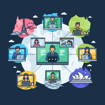 Global Virtual Meetings and Remote Collaboration Professionals connect across continents for online work, symbolizing a modern distributed workforce using digital communication