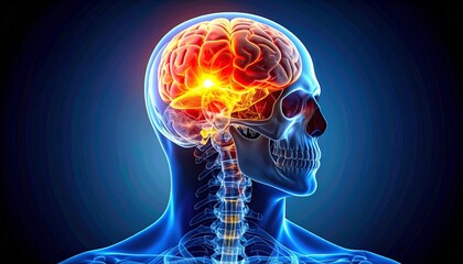 Digital rendering of human skull and brain, translucent skeletal structure with glowing red-yellow region highlighting neurological activity, inflammation, or disorder for medical and educational visu