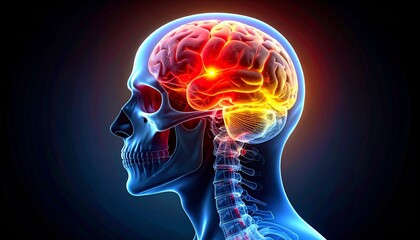Digital rendering of human skull and brain, translucent skeletal structure with glowing red-yellow region highlighting neurological activity, inflammation, or disorder for medical and educational visu