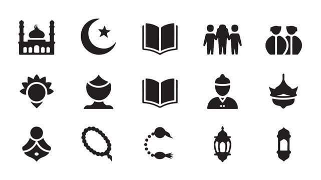 Islamic religion icon set featuring mosque moon star prayer beads and lantern for ramadan designs
