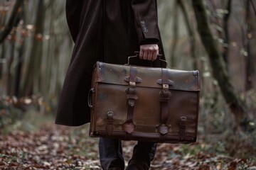 Naklejka premium Person walking on a forest path, holding an old brown leather suitcase