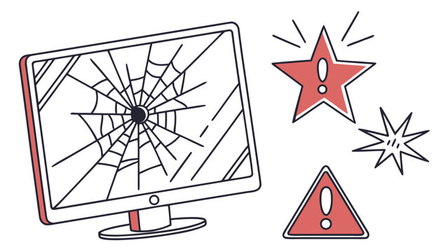 Broken computer monitor screen with error warning symbols and shattered glass display illustration.