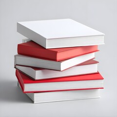 Stack of red and white books with open pages
