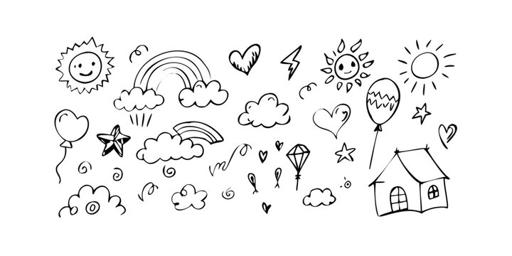 A whimsical illustration of various elements representing a sunny day and a house. Vector