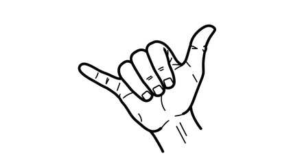 Fototapeta premium Outline Drawing of a Hand Making the Shaka Sign (Hang Loose Gesture) on an Isolated White Background, Friendly and Relaxed Communication