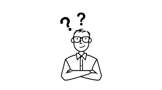 Thoughtful cartoon man with glasses and crossed arms, surrounded by question marks, depicting confusion on an isolated white background.