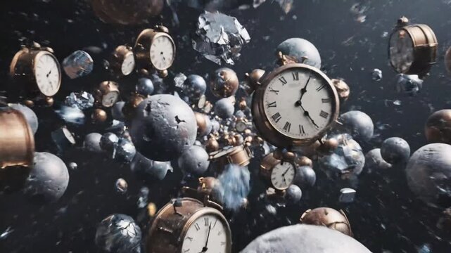 High-angle shot of multiple floating clocks and metallic spheres against a dark background with a surreal and mysterious mood.