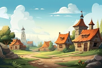 Naklejka premium Cartoon illustration of a peaceful medieval village bathed in sunlight, featuring quaint houses, a watchtower, and a clear blue sky