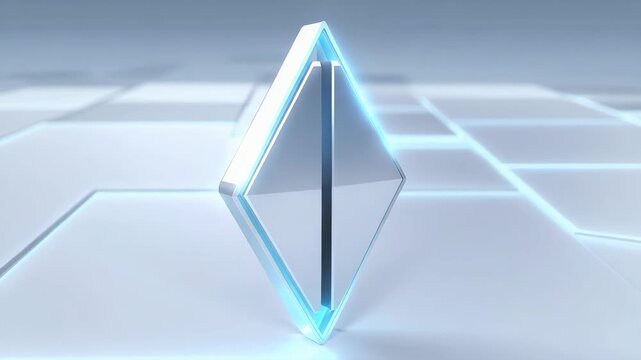 Abstract diamond shape floating over a futuristic surface with subtle neon glow effects and clean reflections
