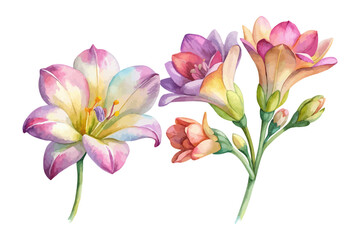Naklejka premium Watercolor Freesia Flower Illustration, Soft Botanical Element, vector isolated on white background