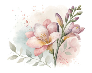 Fototapeta premium Watercolor Freesia Flower Illustration, Soft Botanical Element, isolated on white background