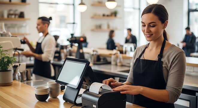 Smiling Barista Woman Working on Cash Register in Bright Modern Caf&Atilde;&copy;