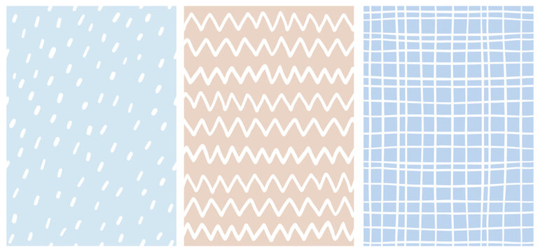 Simple Geometric Vector Patterns with White Spots, Grid and Chevron on a Pastel Blue And Beige Background. Abstract Irregular Hand Drawn Pastel Color Repeatable Design for Fabric, Wrapping Paper.