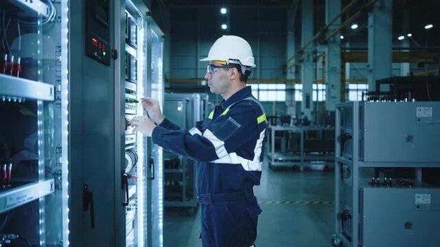 Engineer in safety helmet working on control panel in industrial factory, adjusting settings for machinery operation and monitoring equipment performance.