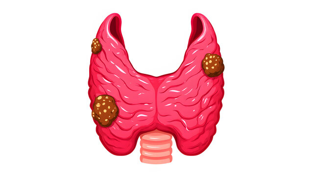 Pink thyroid gland with brown nodules and trachea on white background image 1